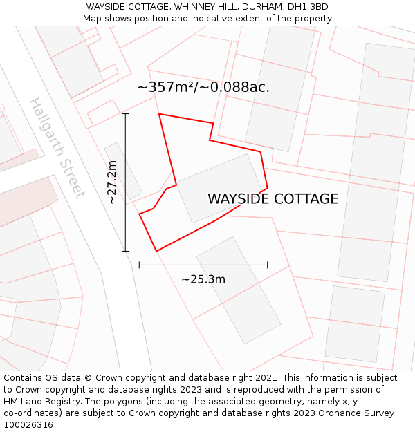 WAYSIDE COTTAGE, WHINNEY HILL, DURHAM, DH1 3BD: Plot and title map