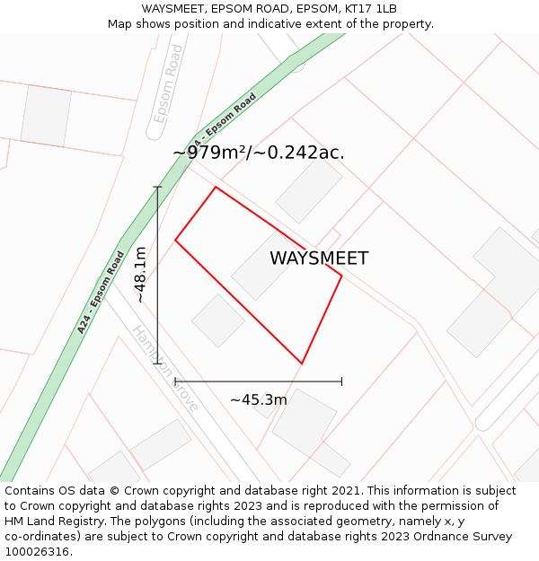 WAYSMEET, EPSOM ROAD, EPSOM, KT17 1LB: Plot and title map