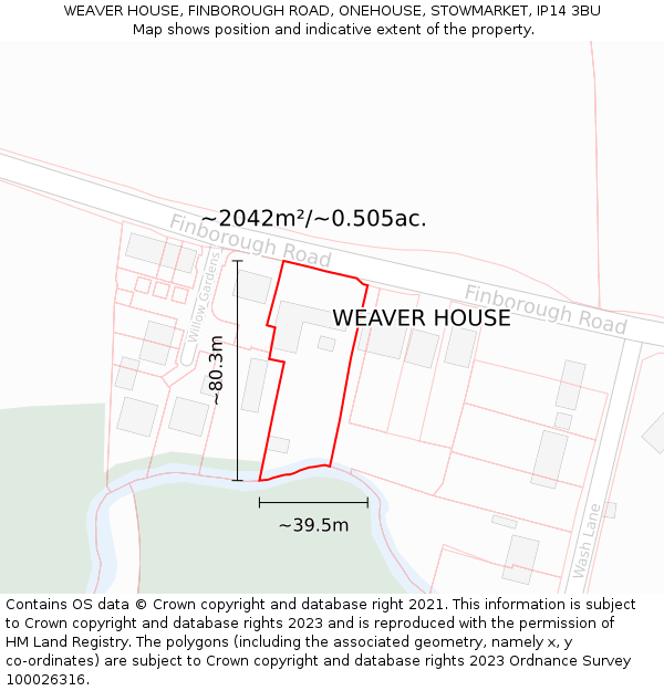 WEAVER HOUSE, FINBOROUGH ROAD, ONEHOUSE, STOWMARKET, IP14 3BU: Plot and title map
