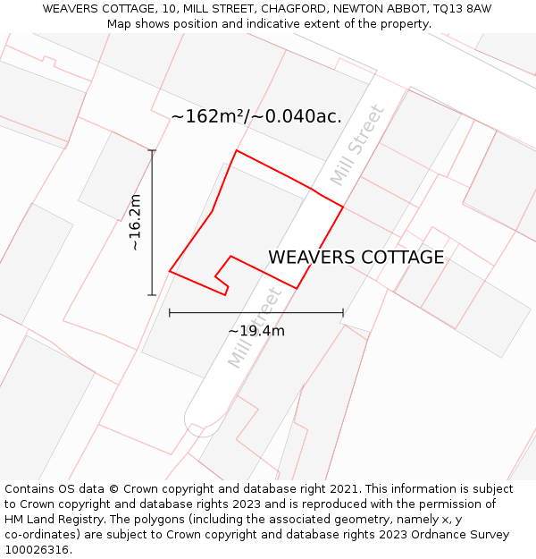 WEAVERS COTTAGE, 10, MILL STREET, CHAGFORD, NEWTON ABBOT, TQ13 8AW: Plot and title map