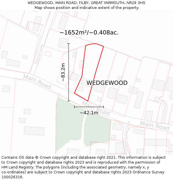 WEDGEWOOD, MAIN ROAD, FILBY, GREAT YARMOUTH, NR29 3HS: Plot and title map