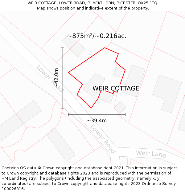 WEIR COTTAGE, LOWER ROAD, BLACKTHORN, BICESTER, OX25 1TQ: Plot and title map