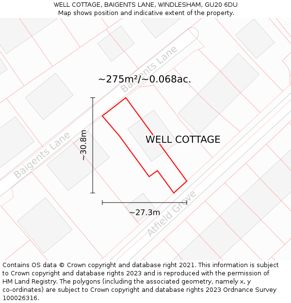 WELL COTTAGE, BAIGENTS LANE, WINDLESHAM, GU20 6DU: Plot and title map