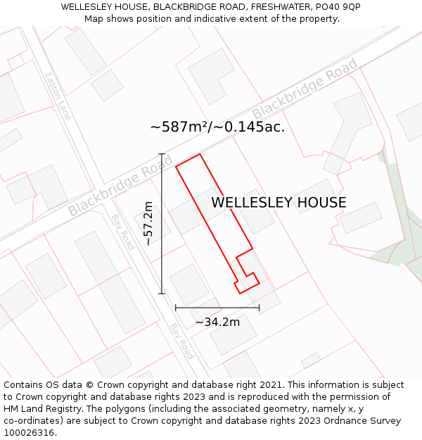 WELLESLEY HOUSE, BLACKBRIDGE ROAD, FRESHWATER, PO40 9QP: Plot and title map