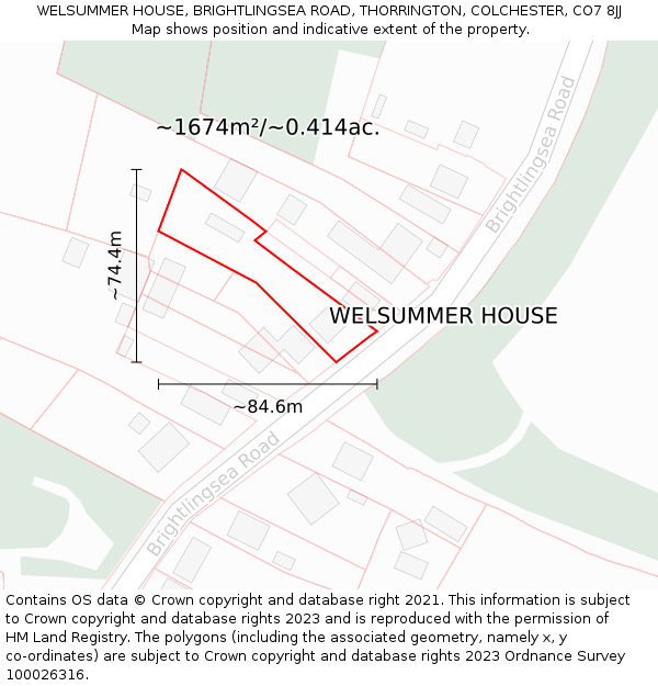 WELSUMMER HOUSE, BRIGHTLINGSEA ROAD, THORRINGTON, COLCHESTER, CO7 8JJ: Plot and title map