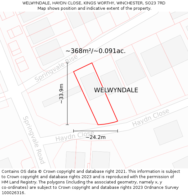 WELWYNDALE, HAYDN CLOSE, KINGS WORTHY, WINCHESTER, SO23 7RD: Plot and title map