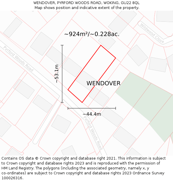 WENDOVER, PYRFORD WOODS ROAD, WOKING, GU22 8QL: Plot and title map