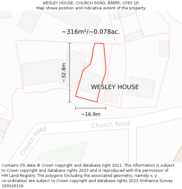 WESLEY HOUSE, CHURCH ROAD, BARRY, CF63 1JY: Plot and title map