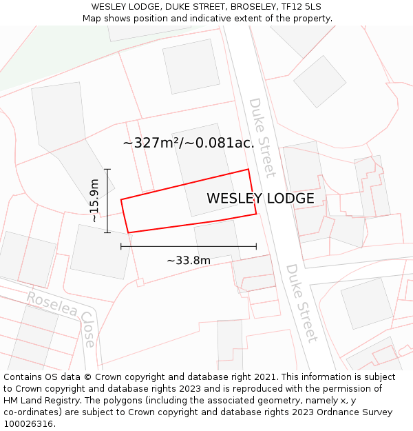 WESLEY LODGE, DUKE STREET, BROSELEY, TF12 5LS: Plot and title map