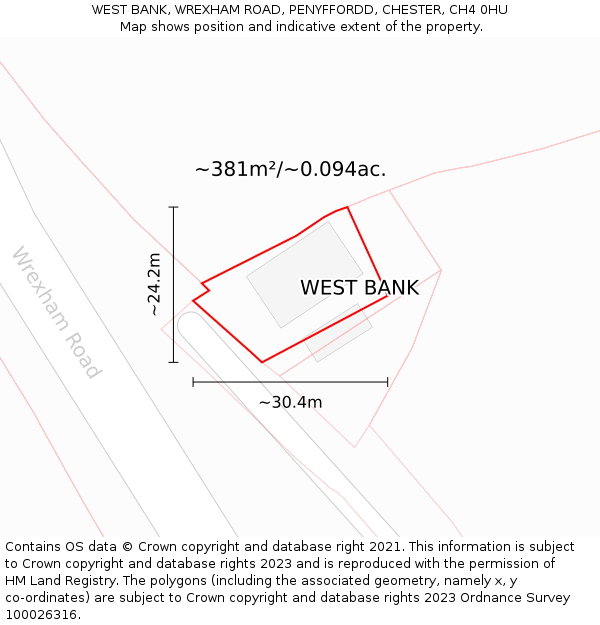 WEST BANK, WREXHAM ROAD, PENYFFORDD, CHESTER, CH4 0HU: Plot and title map