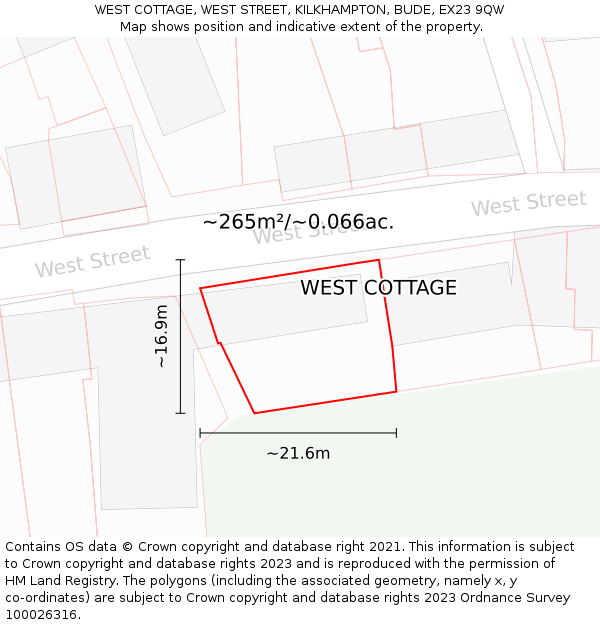 WEST COTTAGE, WEST STREET, KILKHAMPTON, BUDE, EX23 9QW: Plot and title map