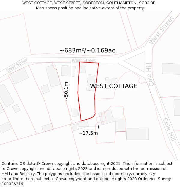 WEST COTTAGE, WEST STREET, SOBERTON, SOUTHAMPTON, SO32 3PL: Plot and title map