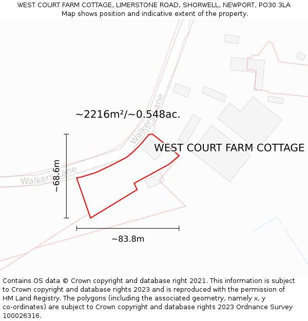 WEST COURT FARM COTTAGE, LIMERSTONE ROAD, SHORWELL, NEWPORT, PO30 3LA: Plot and title map