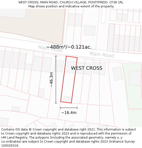 WEST CROSS, MAIN ROAD, CHURCH VILLAGE, PONTYPRIDD, CF38 1RL: Plot and title map