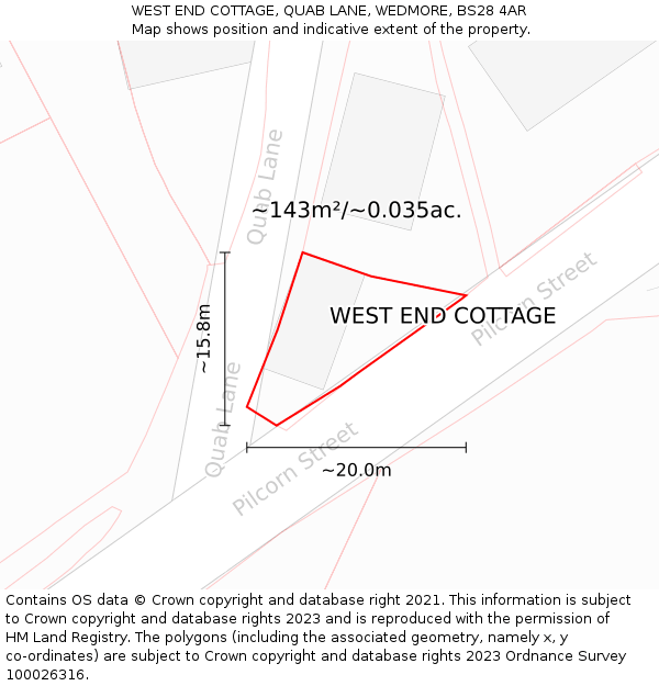 WEST END COTTAGE, QUAB LANE, WEDMORE, BS28 4AR: Plot and title map