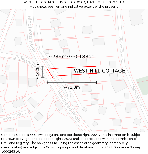 WEST HILL COTTAGE, HINDHEAD ROAD, HASLEMERE, GU27 1LR: Plot and title map