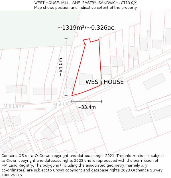 WEST HOUSE, MILL LANE, EASTRY, SANDWICH, CT13 0JX: Plot and title map