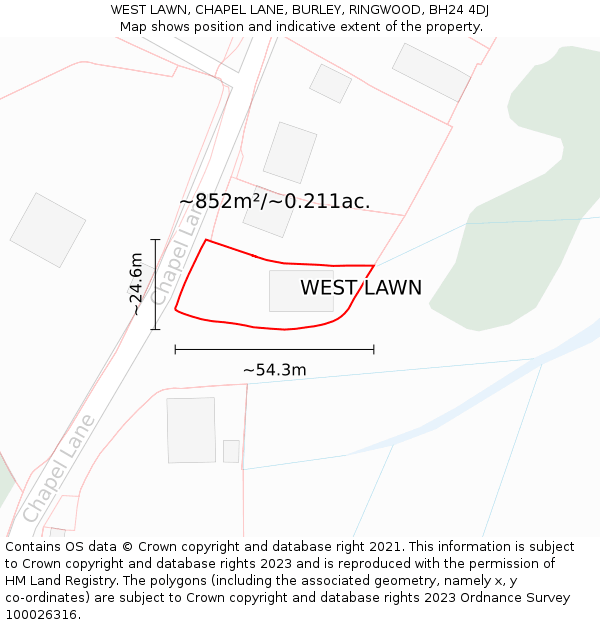 WEST LAWN, CHAPEL LANE, BURLEY, RINGWOOD, BH24 4DJ: Plot and title map