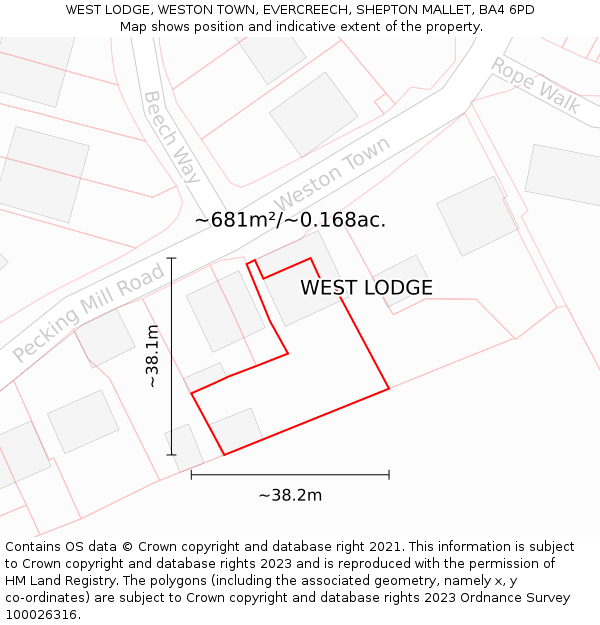 WEST LODGE, WESTON TOWN, EVERCREECH, SHEPTON MALLET, BA4 6PD: Plot and title map