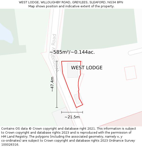 WEST LODGE, WILLOUGHBY ROAD, GREYLEES, SLEAFORD, NG34 8PN: Plot and title map