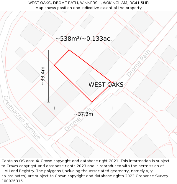 WEST OAKS, DROME PATH, WINNERSH, WOKINGHAM, RG41 5HB: Plot and title map