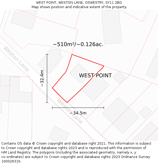 WEST POINT, WESTON LANE, OSWESTRY, SY11 2BG: Plot and title map