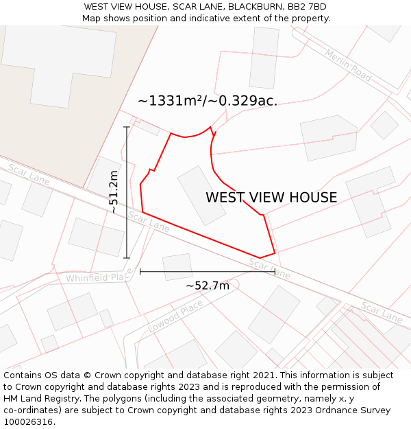 WEST VIEW HOUSE, SCAR LANE, BLACKBURN, BB2 7BD: Plot and title map