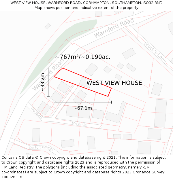 WEST VIEW HOUSE, WARNFORD ROAD, CORHAMPTON, SOUTHAMPTON, SO32 3ND: Plot and title map