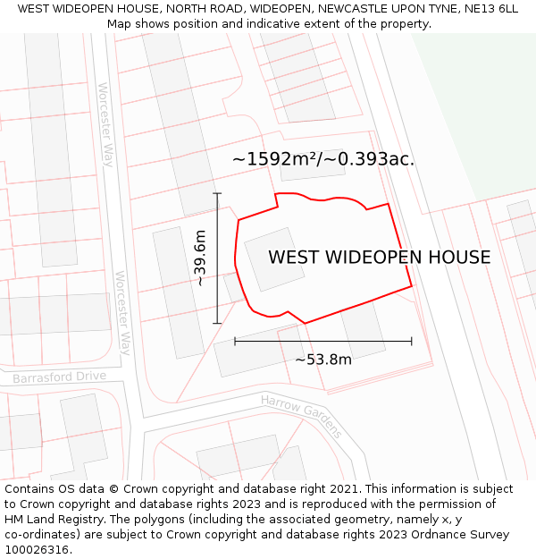 WEST WIDEOPEN HOUSE, NORTH ROAD, WIDEOPEN, NEWCASTLE UPON TYNE, NE13 6LL: Plot and title map