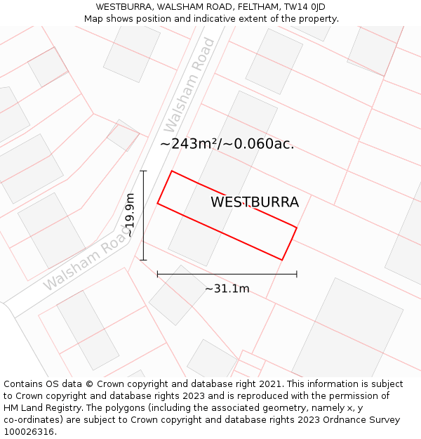 WESTBURRA, WALSHAM ROAD, FELTHAM, TW14 0JD: Plot and title map