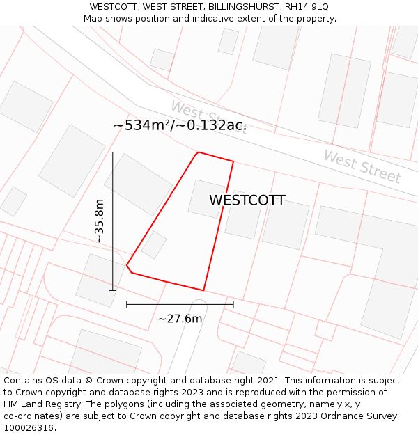 WESTCOTT, WEST STREET, BILLINGSHURST, RH14 9LQ: Plot and title map