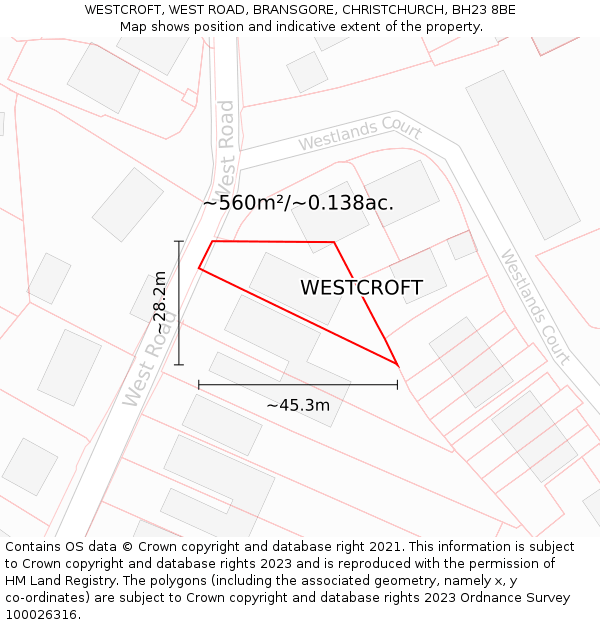 WESTCROFT, WEST ROAD, BRANSGORE, CHRISTCHURCH, BH23 8BE: Plot and title map