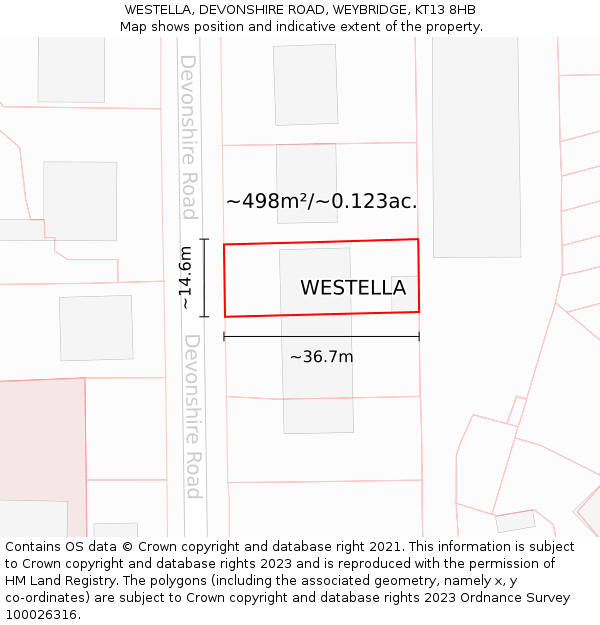 WESTELLA, DEVONSHIRE ROAD, WEYBRIDGE, KT13 8HB: Plot and title map