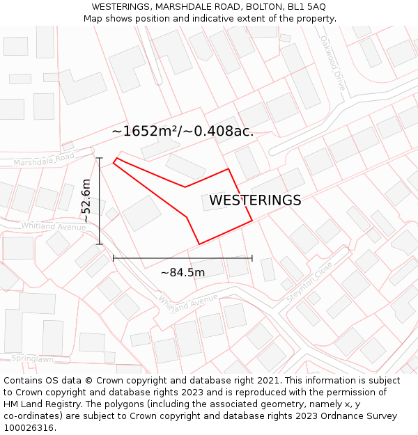 WESTERINGS, MARSHDALE ROAD, BOLTON, BL1 5AQ: Plot and title map