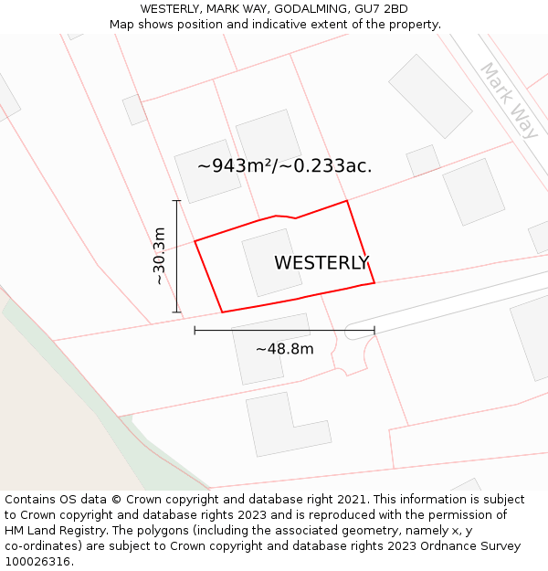 WESTERLY, MARK WAY, GODALMING, GU7 2BD: Plot and title map