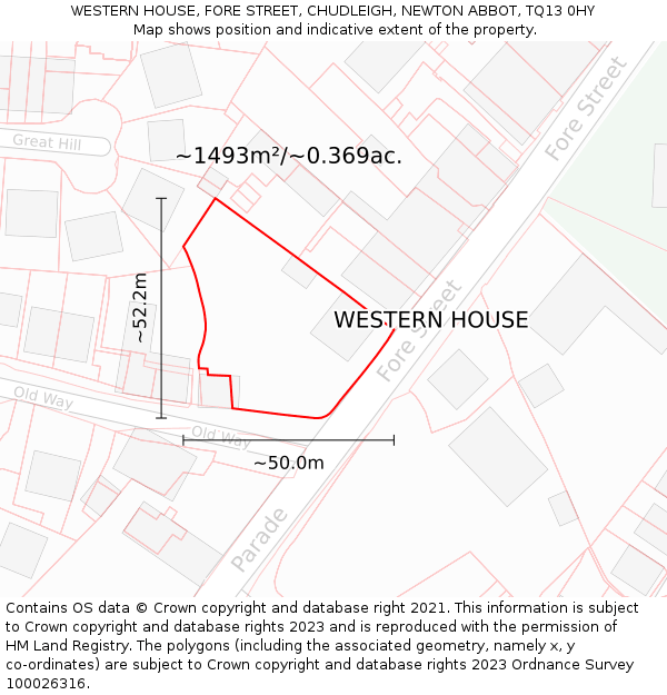 WESTERN HOUSE, FORE STREET, CHUDLEIGH, NEWTON ABBOT, TQ13 0HY: Plot and title map