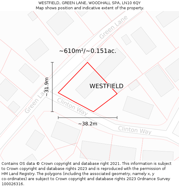 WESTFIELD, GREEN LANE, WOODHALL SPA, LN10 6QY: Plot and title map