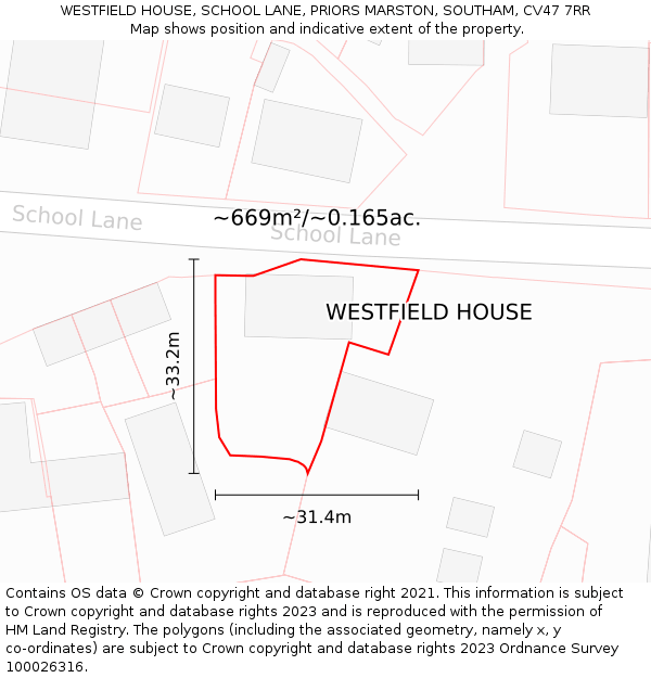 WESTFIELD HOUSE, SCHOOL LANE, PRIORS MARSTON, SOUTHAM, CV47 7RR: Plot and title map