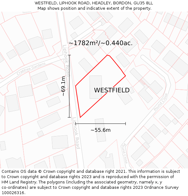 WESTFIELD, LIPHOOK ROAD, HEADLEY, BORDON, GU35 8LL: Plot and title map