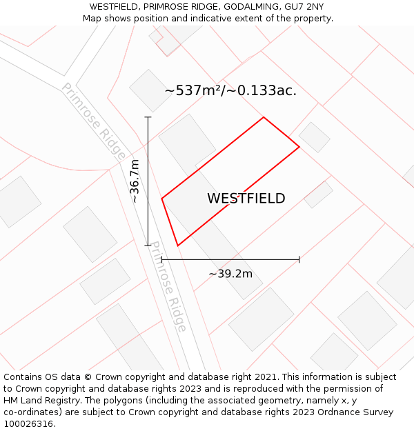 WESTFIELD, PRIMROSE RIDGE, GODALMING, GU7 2NY: Plot and title map