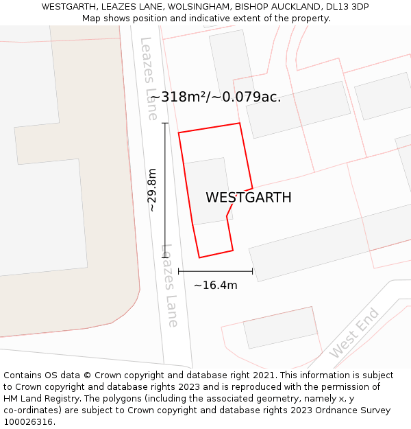 WESTGARTH, LEAZES LANE, WOLSINGHAM, BISHOP AUCKLAND, DL13 3DP: Plot and title map