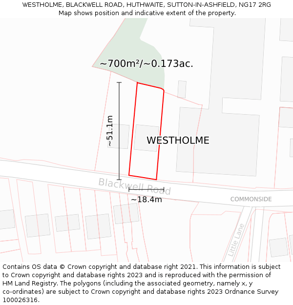 WESTHOLME, BLACKWELL ROAD, HUTHWAITE, SUTTON-IN-ASHFIELD, NG17 2RG: Plot and title map