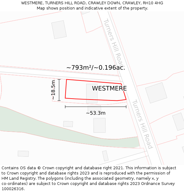 WESTMERE, TURNERS HILL ROAD, CRAWLEY DOWN, CRAWLEY, RH10 4HG: Plot and title map