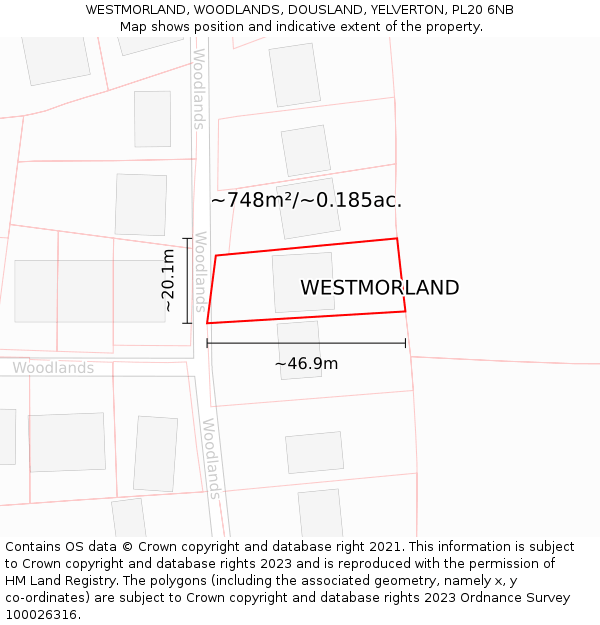 WESTMORLAND, WOODLANDS, DOUSLAND, YELVERTON, PL20 6NB: Plot and title map