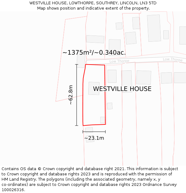 WESTVILLE HOUSE, LOWTHORPE, SOUTHREY, LINCOLN, LN3 5TD: Plot and title map