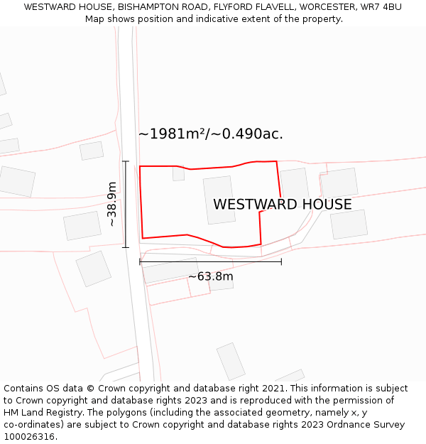 WESTWARD HOUSE, BISHAMPTON ROAD, FLYFORD FLAVELL, WORCESTER, WR7 4BU: Plot and title map