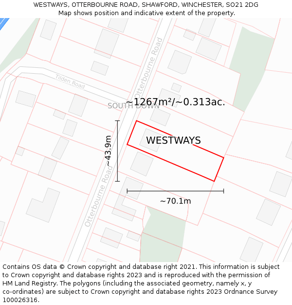 WESTWAYS, OTTERBOURNE ROAD, SHAWFORD, WINCHESTER, SO21 2DG: Plot and title map