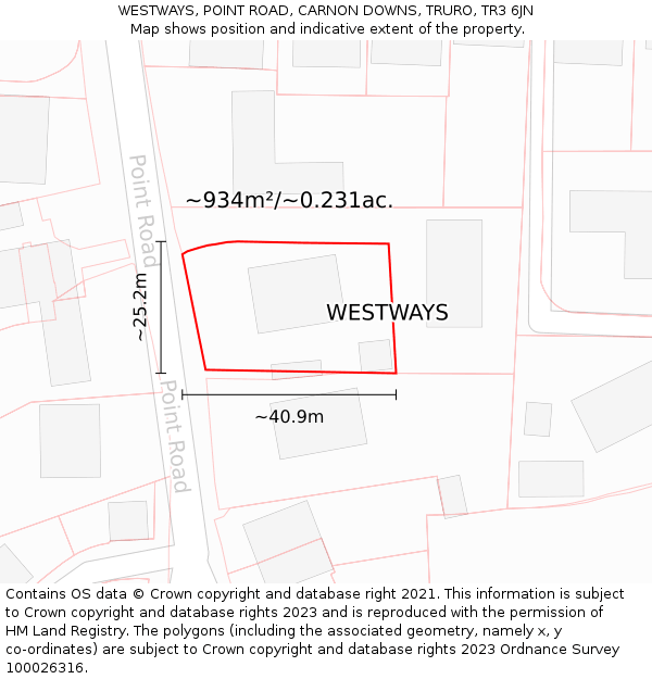 WESTWAYS, POINT ROAD, CARNON DOWNS, TRURO, TR3 6JN: Plot and title map