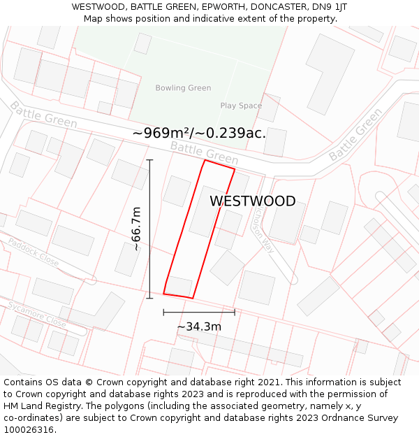 WESTWOOD, BATTLE GREEN, EPWORTH, DONCASTER, DN9 1JT: Plot and title map