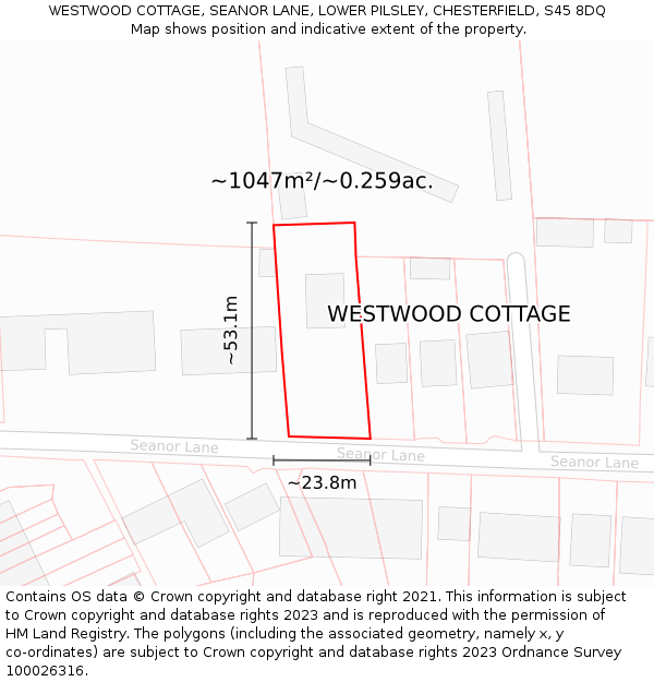 WESTWOOD COTTAGE, SEANOR LANE, LOWER PILSLEY, CHESTERFIELD, S45 8DQ: Plot and title map